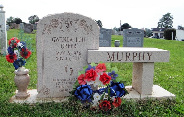 Murphy Pink Granite Bench Monument Foot Print Carvings