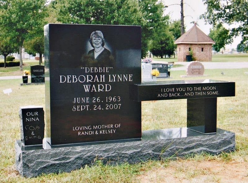 Ward Black Granite Bench Monument with Portrait Etching and Black Vase