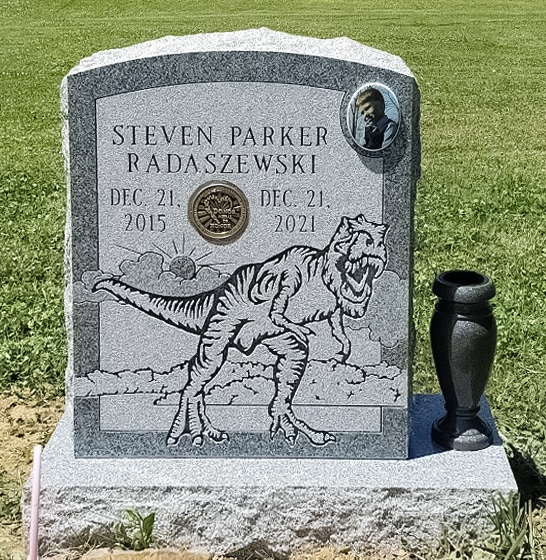 Radaszewski Headstone with T Rex Dinosaur Carving